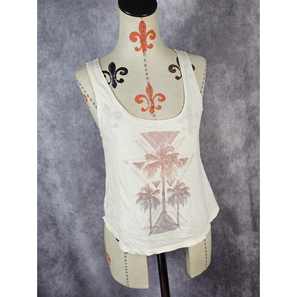 American Eagle Women's XS-S Graphic Tank Top Palm Tree Print Beaded Beige EUC